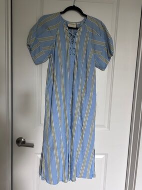 Anthropologie Maeve Light Blue and Olive Green Striped Lace-Up Top